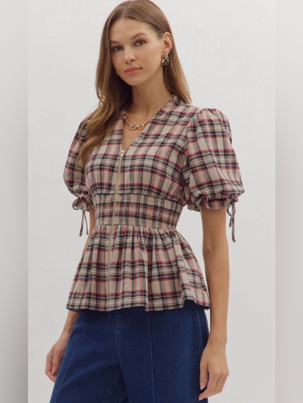 entro Plaid Smocked Waist Puff Sleeve Full Zip V-Neck Top Beige/Red/green Size M